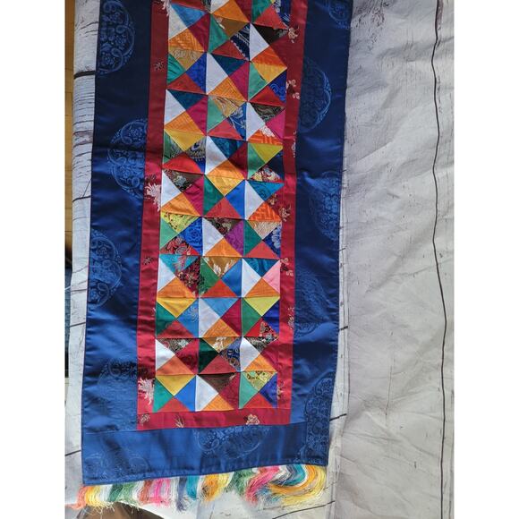 Silk Multi Color Triangle Quilted Table Runner With Fringe Possibly Handmade 36" - Picture 8 of 13